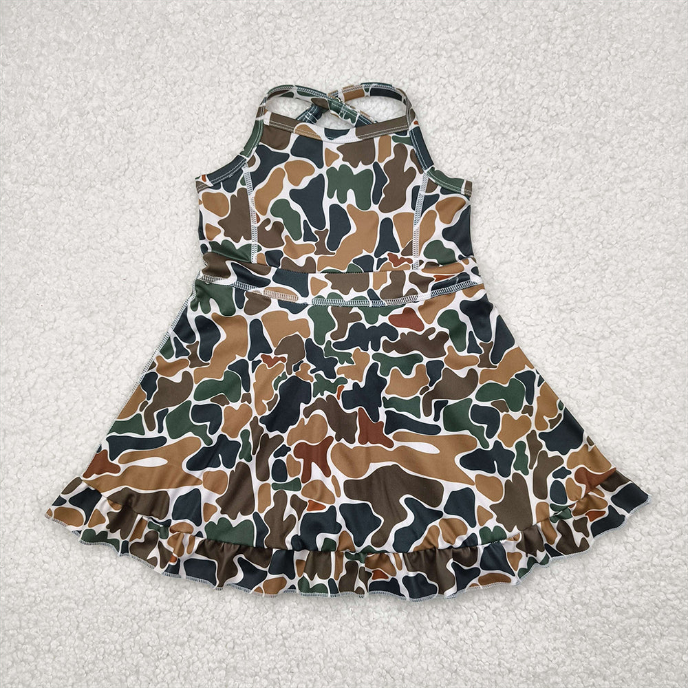 RTS NO MOQ Summer Baby Girls Dresses GSD2309 Strap Dark Brown Camo Yoga Ruffle Knee Length Dresses