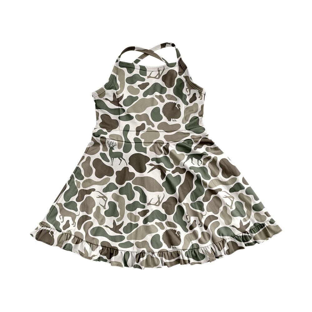 4.9 GSD2311 Baby Girls Strap Green Deer Dogs Ducks Camo Yoga Ruffle Knee Length Dresses Pre order