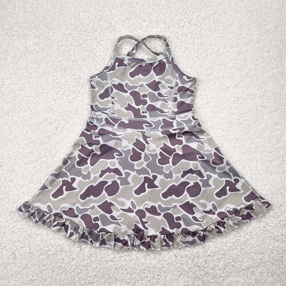 RTS NO MOQ Summer Baby Girls Dresses GSD2312 Strap Camo Yoga Ruffle Knee Length Dresses