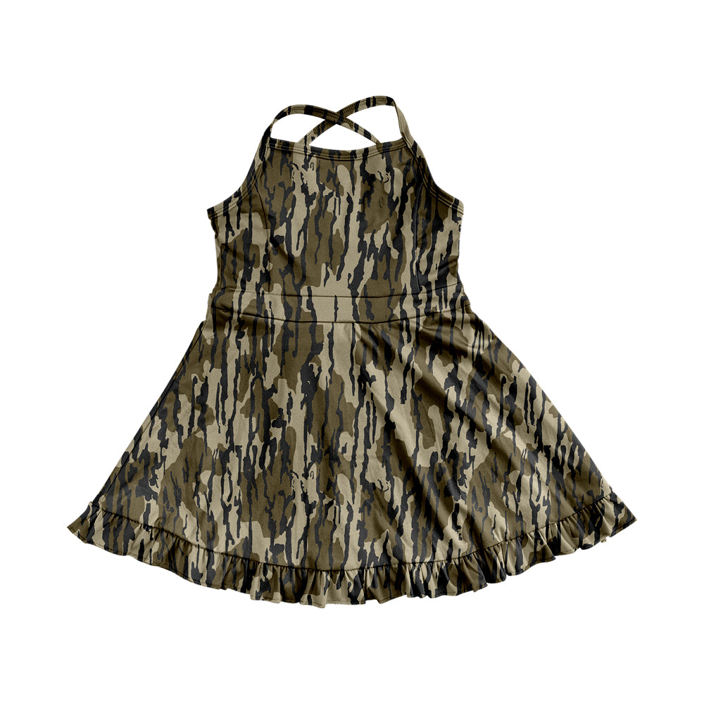 4.9 GSD2314 Baby Girls Strap Olive Bottomland Camo Yoga Ruffle Knee Length Dresses Pre order
