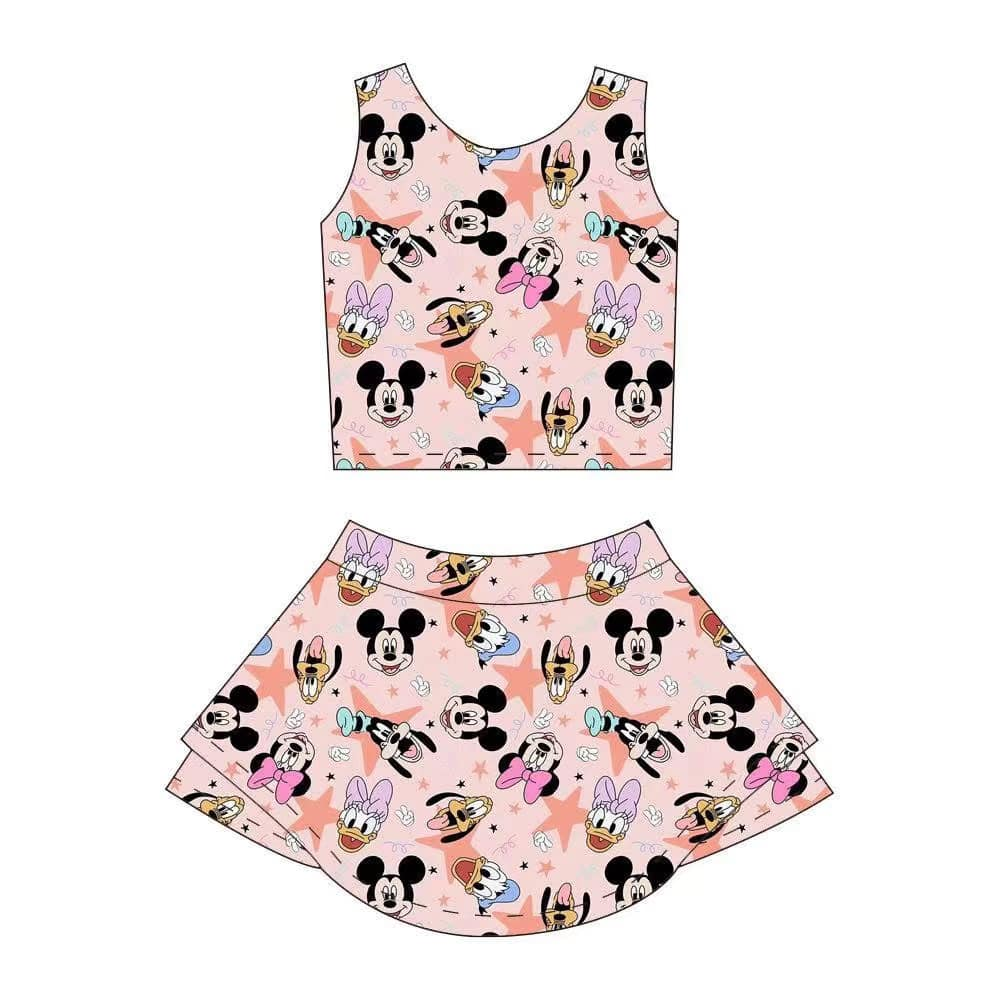 4.3 GSD2332 Baby Girls Sleeveless Cartoon Mouse Ducks Top Skort Yoga Set Pre order