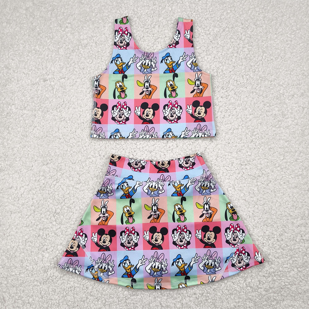 RTS NO MOQ Baby Girls Summer Kids Sets GSD2333 Sleeveless Mouse Ducks Colorful Plaid Top Skort Yoga Sets