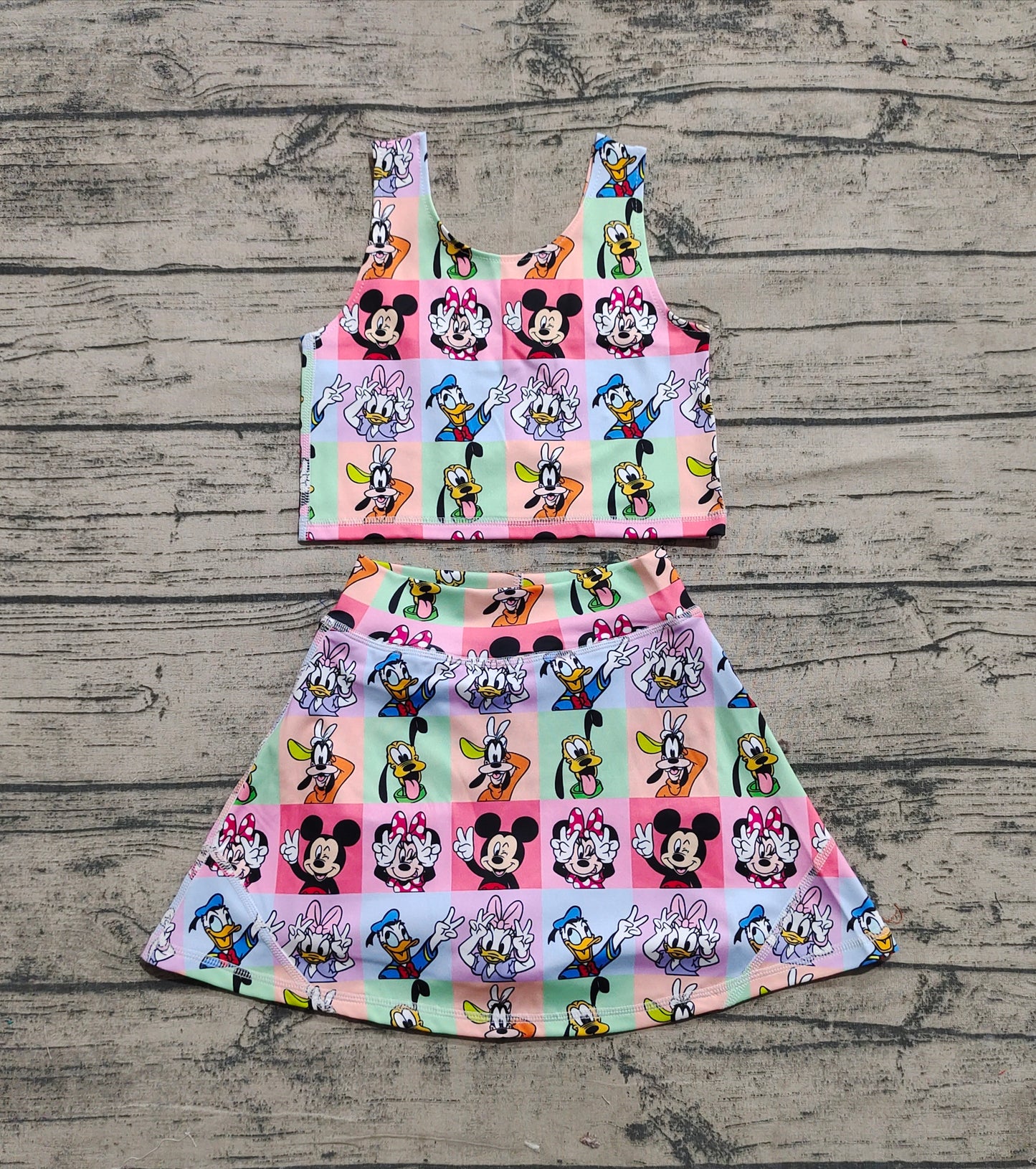 3.29 GSD2333 Baby Girls Sleeveless Cartoon Mouse Ducks Plaid Top Skort Yoga Set