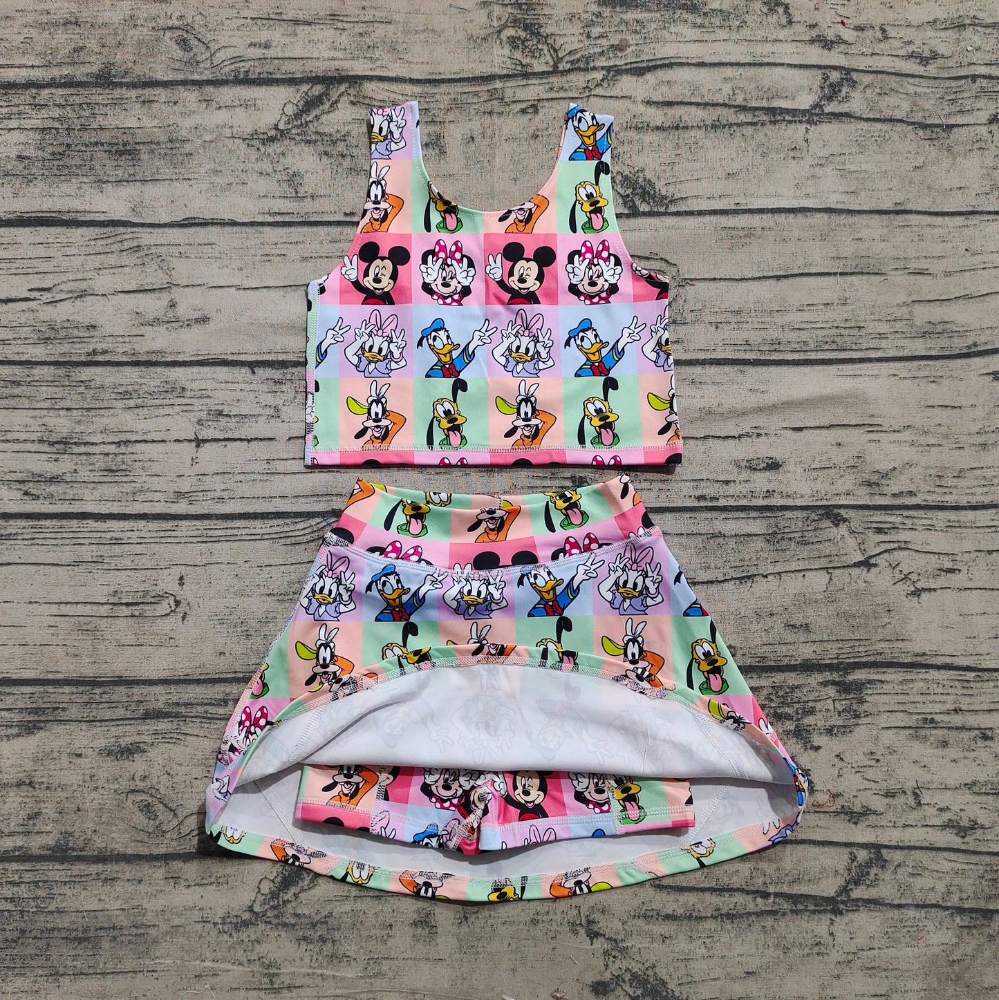 3.29 GSD2333 Baby Girls Sleeveless Cartoon Mouse Ducks Plaid Top Skort Yoga Set