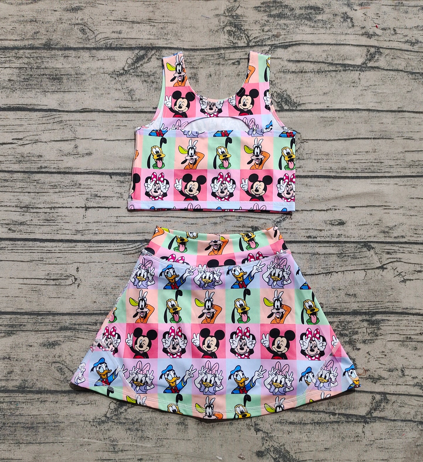 3.29 GSD2333 Baby Girls Sleeveless Cartoon Mouse Ducks Plaid Top Skort Yoga Set