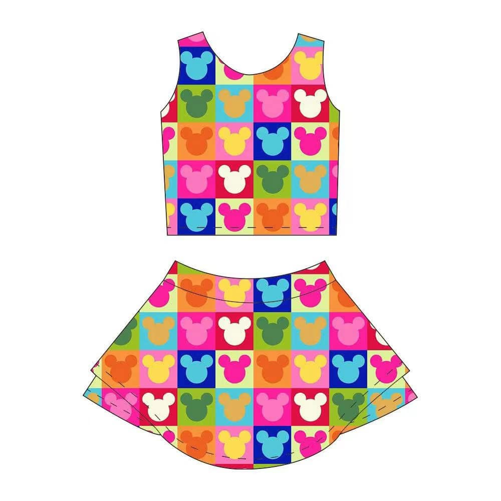 4.3 GSD2334 Baby Girls Sleeveless Colorful Cartoon Mouse Plaid Top Skort Yoga Set Pre order
