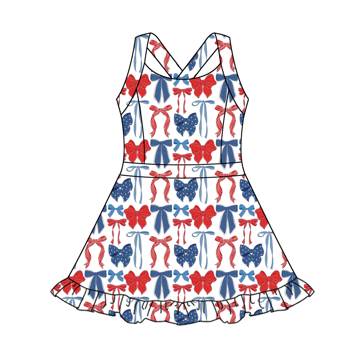 4.3 GSD2345 Baby Girls Strap Blue Red Bows 4th Of July Yoga Active Knee Length Dresses Pre order