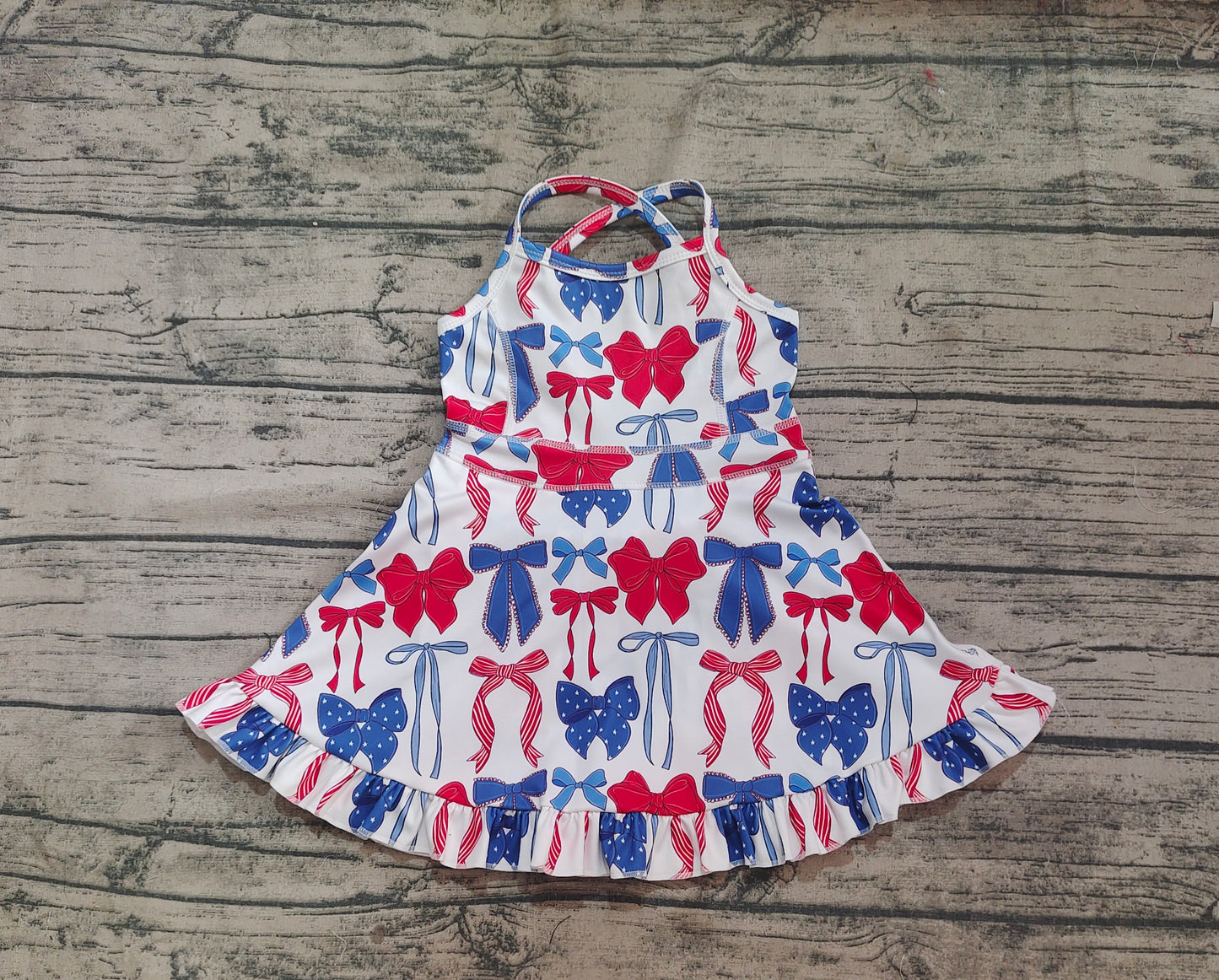 4.18 GSD2345 Baby Girls Strap Blue Red Bows 4th Of July Yoga Active Knee Length Dresses Pre order