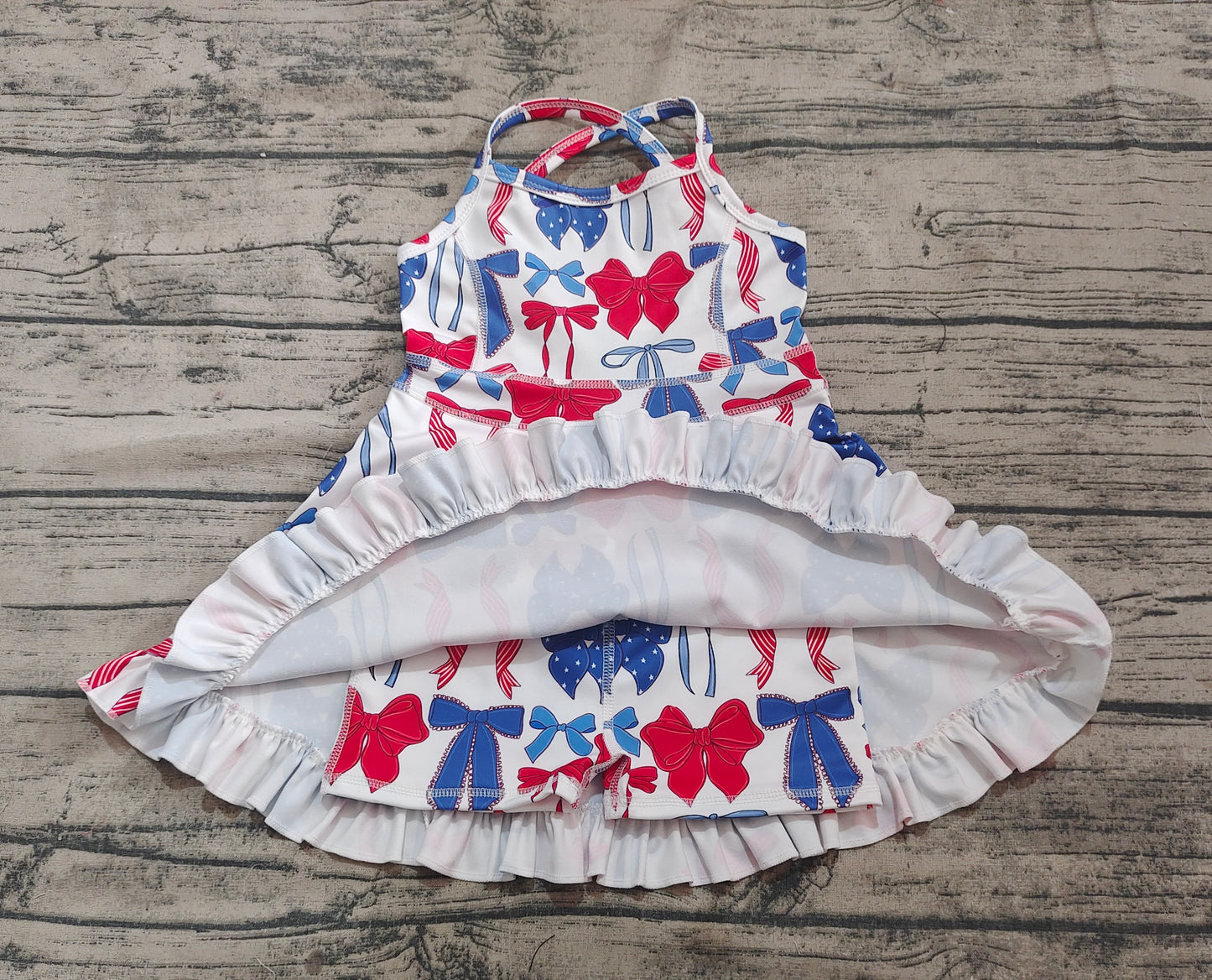 4.18 GSD2345 Baby Girls Strap Blue Red Bows 4th Of July Yoga Active Knee Length Dresses Pre order
