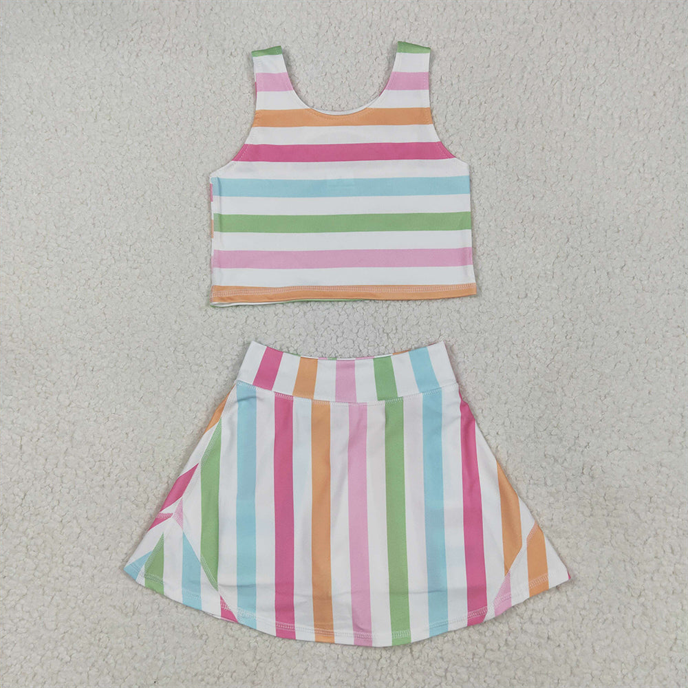 5.13 RTS NO MOQ Baby Girls Summer Kids Sets GSD2348 Sleeveless Colorful Stripes Top Skort Yoga Active Sets