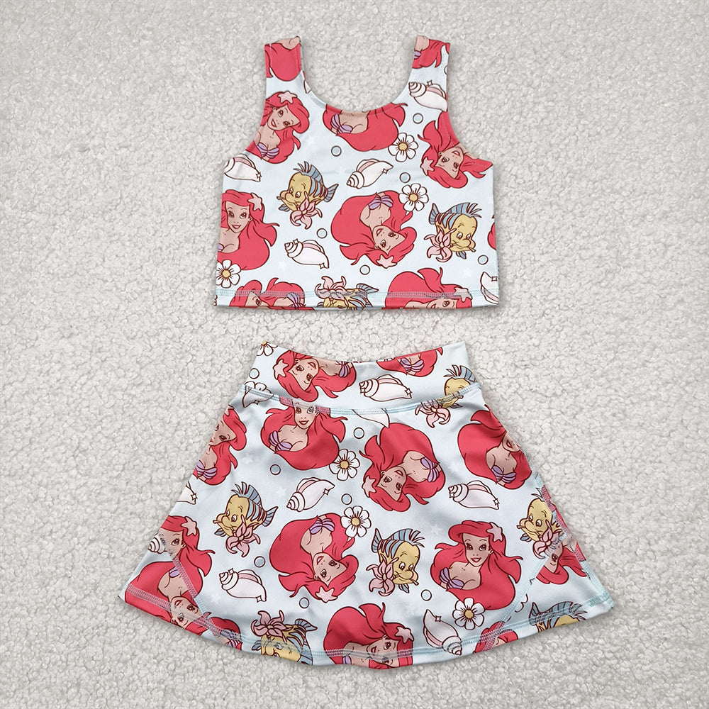 RTS NO MOQ Baby Girls Summer Kids Sets GSD2354 Sleeveless Mermaid Fishes Top Skort Yoga Sets