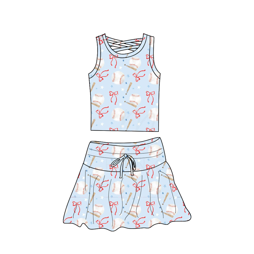 3.28 GSD2402 Baby Girls Sleeveless Bows Baseballs Top Skort Yoga Set Pre order
