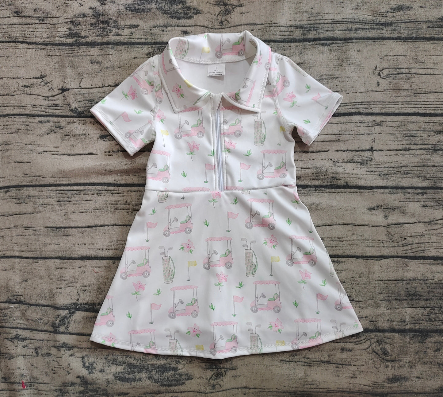 4.18 GSD2410 Baby Girls Short Sleeves Pink Flowers Golf Zipper Knee Length Dresses Pre order