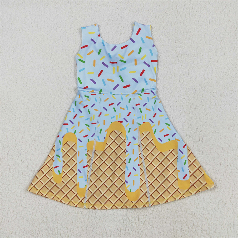 5.14 RTS NO MOQ Summer Baby Girls Dresses GSD2415 Blue Ice-cream Drip Yoga Skort Knee Length Dresses