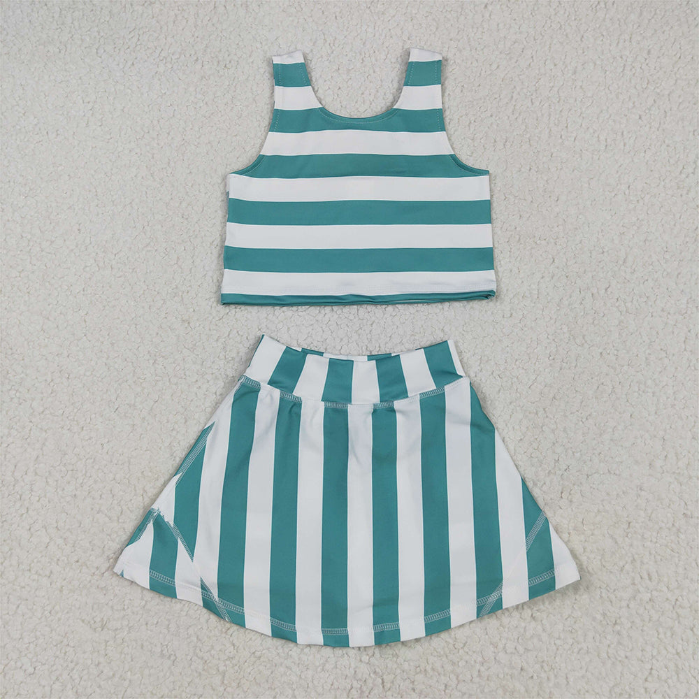 RTS NO MOQ Baby Girls Summer Kids Sets GSD2432 Sleeveless Green Stripe Top Skort Yoga Sets