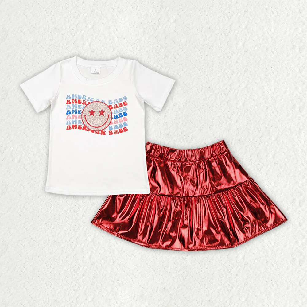 RTS NO MOQ Summer Sibling Baby Girls American Babe Shirt Red Leather Metallic Skirts Clothes Sets