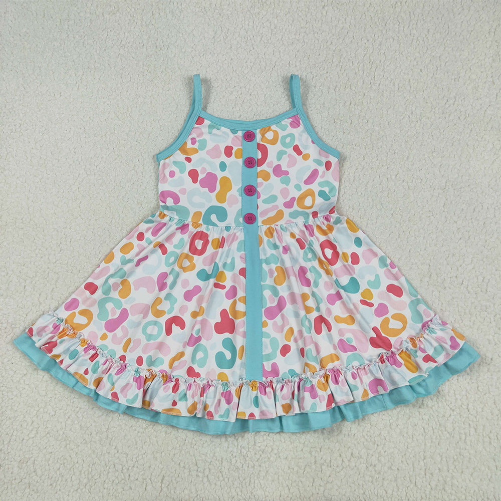 6.2 RTS NO MOQ Summer Baby Girls Dresses GSD2452 Blue Strap Colorful Leopard Button Knee Length Dresses
