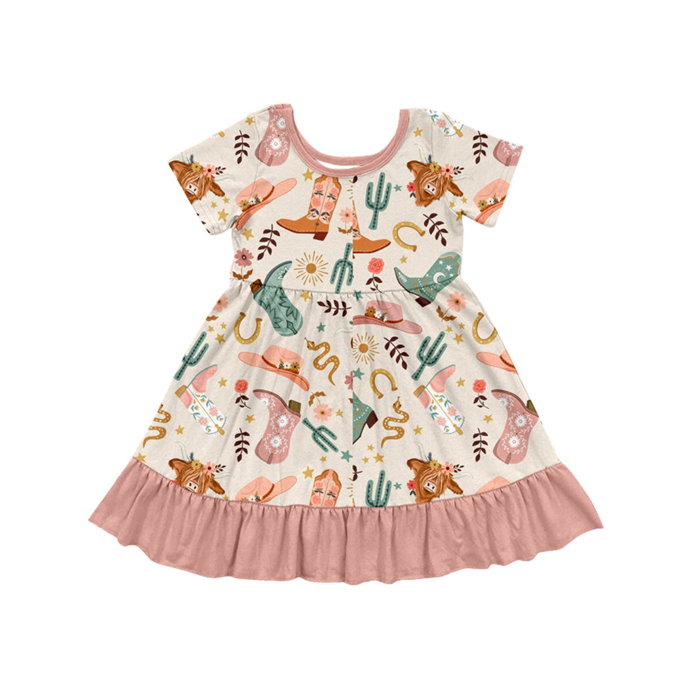 4.4 GSD2453 Baby Girls Peach Short Sleeves Highland Cows Boots Knee Length Dresses Pre order