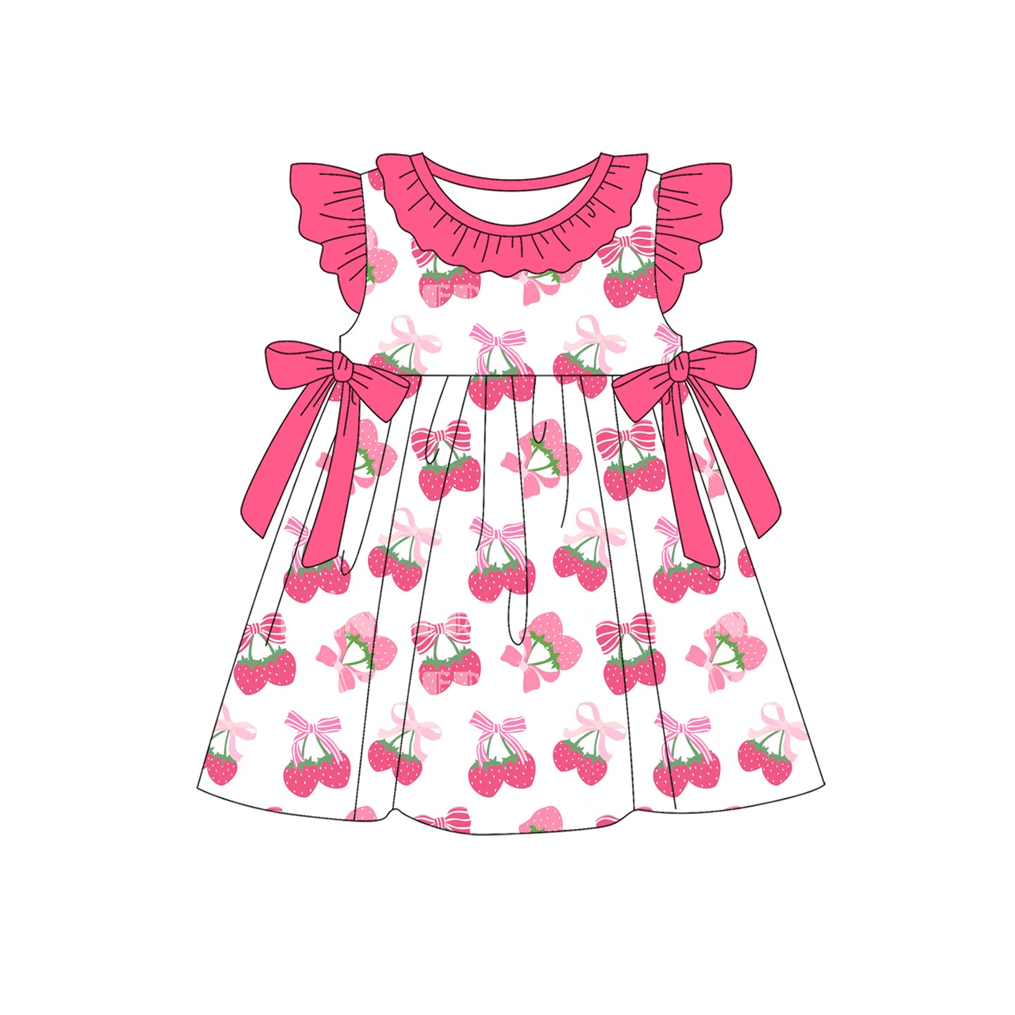 4.4 GSD2455 Baby Girls Pink Flutter Sleeves Bows Strawberry Knee Length Dresses Pre order
