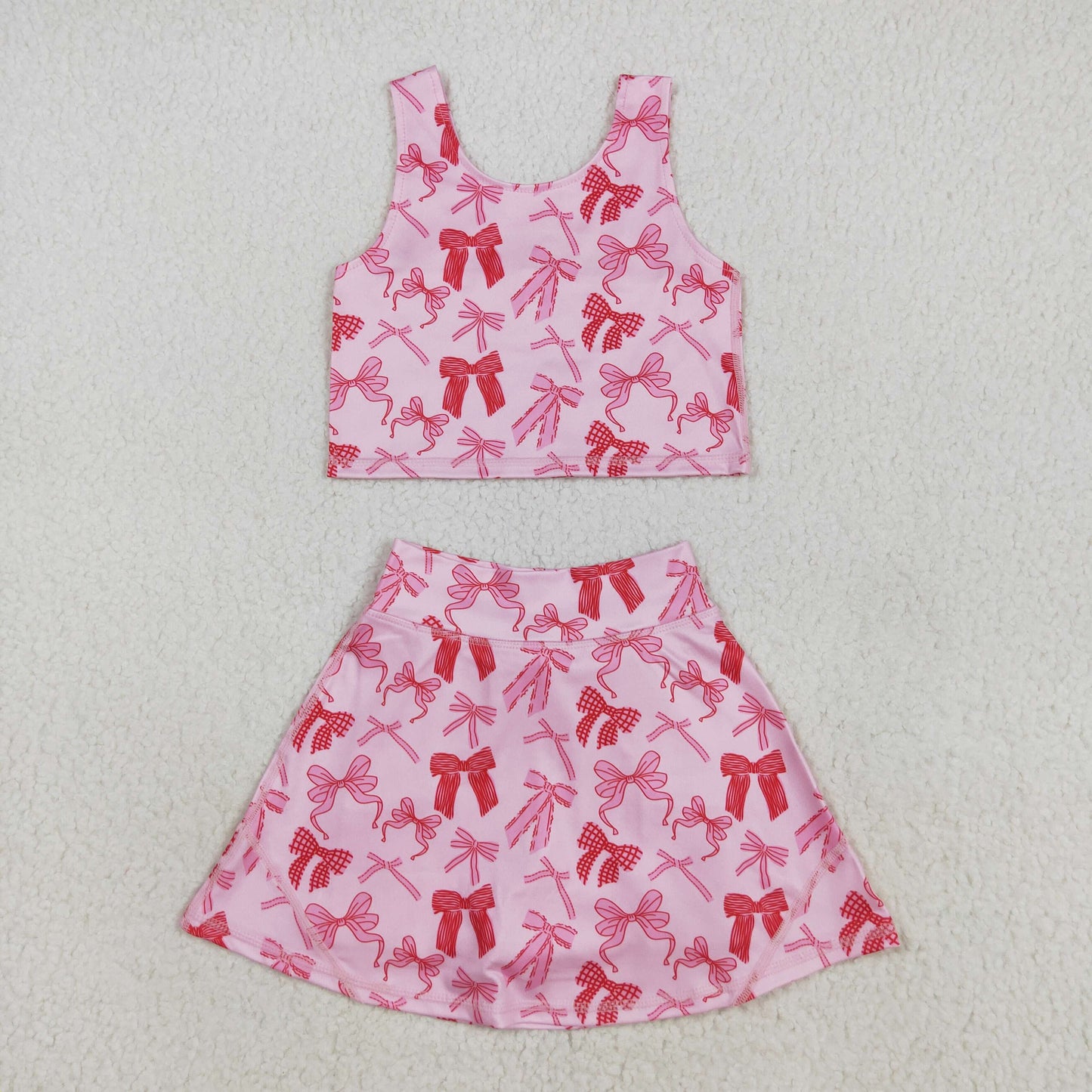 8.12 RTS NO MOQ Baby Girls Summer Kids Sets GSD2459 Sleeveless Pink Bows Top Skorts Yoga Sets