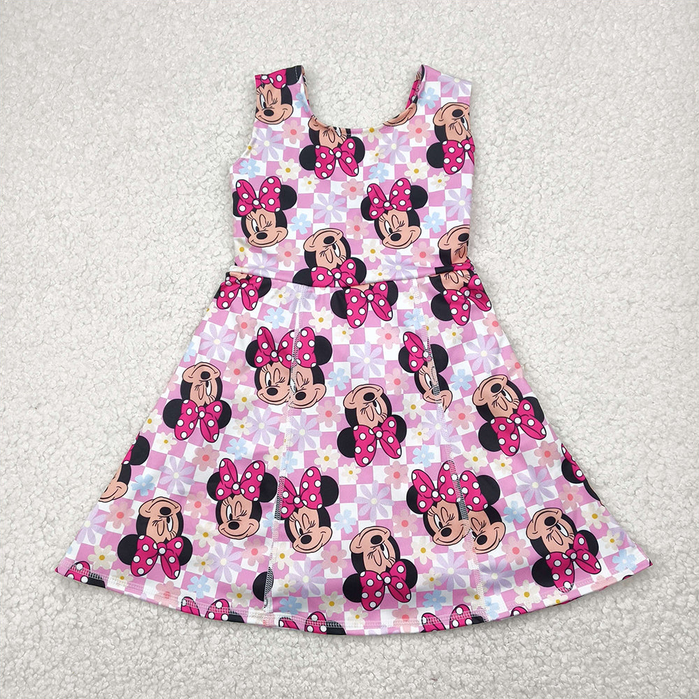 RTS NO MOQ Summer Baby Girls Dresses GSD2461 Pink Plaid Sleeveless Mouse Yoga Skort Knee Length Dresses
