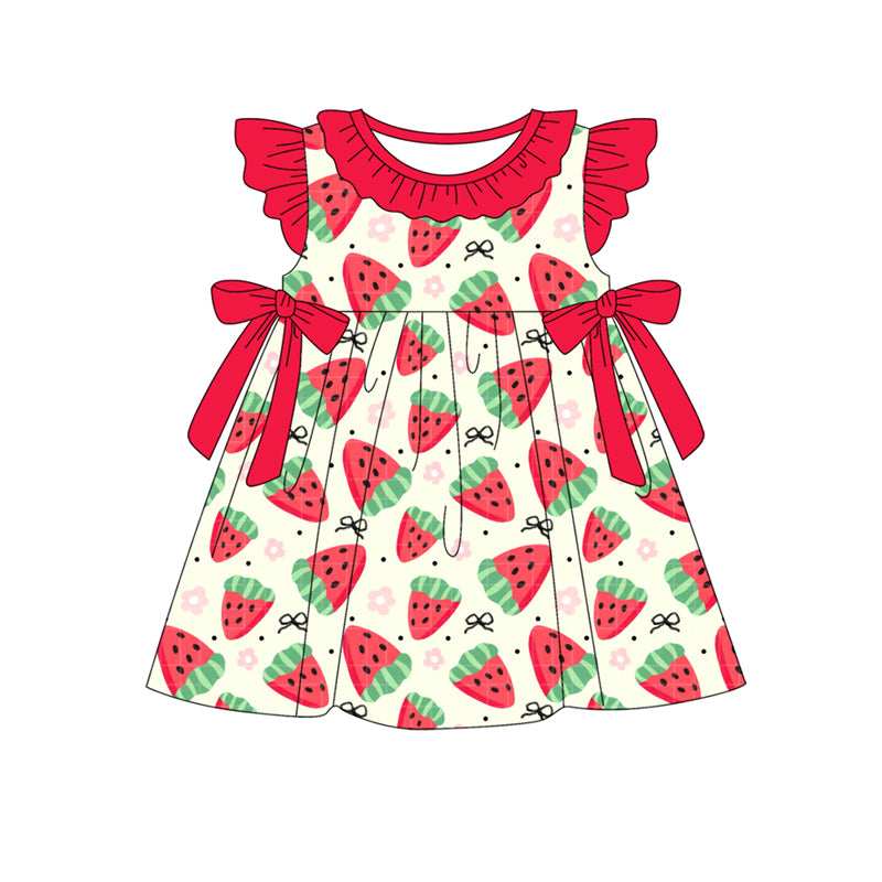 4.4 GSD2465 Baby Girls Red Flutter Sleeves Flowers Strawberry Knee Length Dresses Pre order
