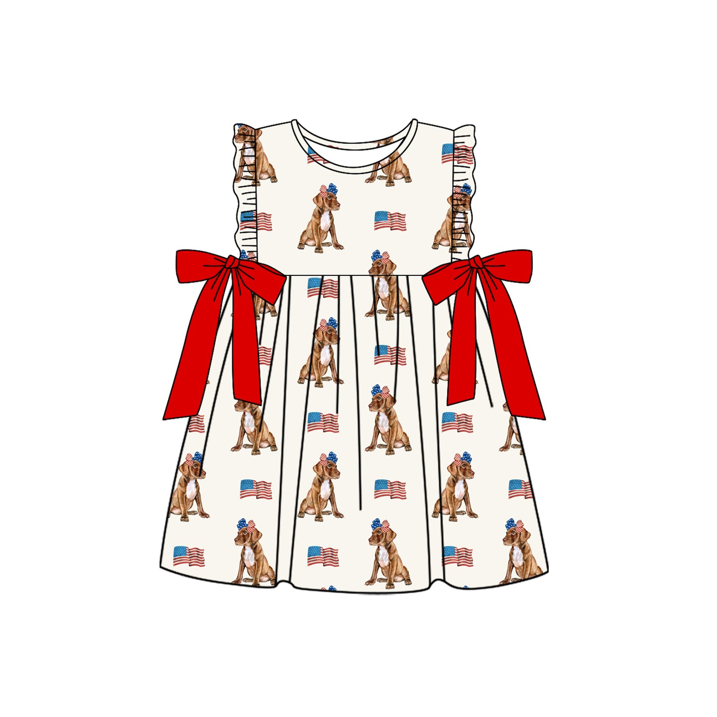 4.4 GSD2466 Baby Girls Sleeveless Dogs Flags 4th Of July Knee Length Dresses Pre order