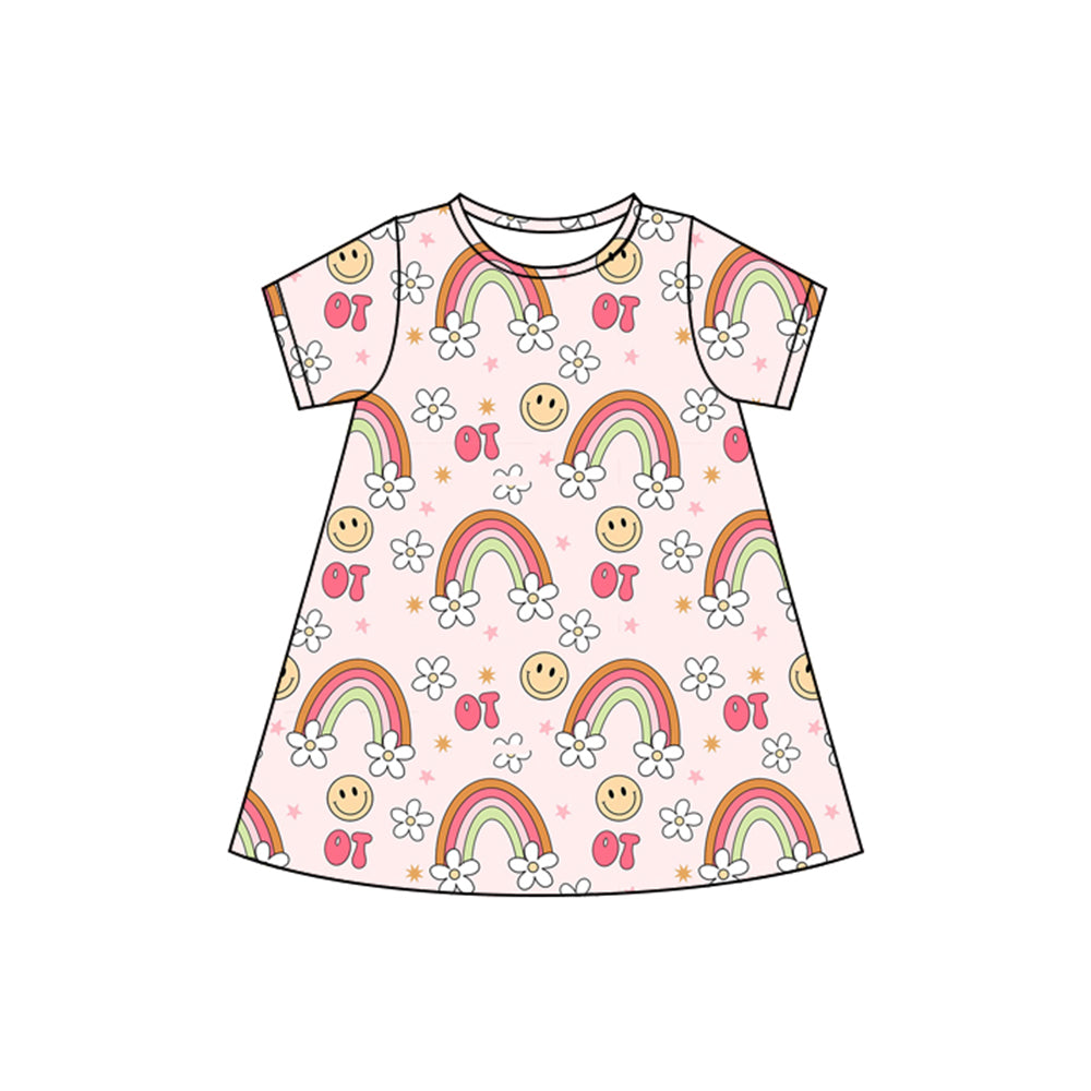 4.8 GSD2478 Baby Girls Pink Short Sleeves Smiles Rainbows Flowers Knee Length Dresses Pre order