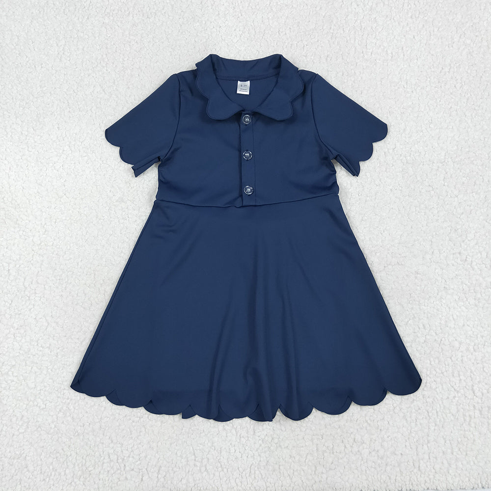 6.23 RTS NO MOQ Summer Baby Girls Dresses GSD2487 Navy Short Sleeves Button Yoga Knee Length Dresses