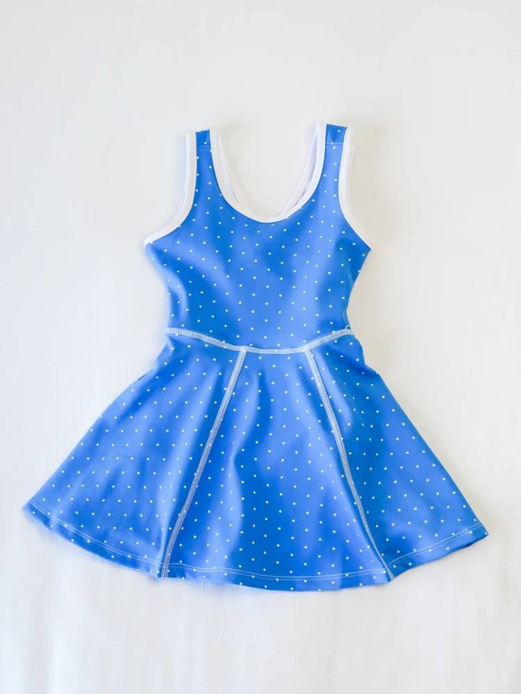 4.11 GSD2488 Baby Girls Blue Sleeveless Polka Dots Yoga Knee Length Dresses Pre order
