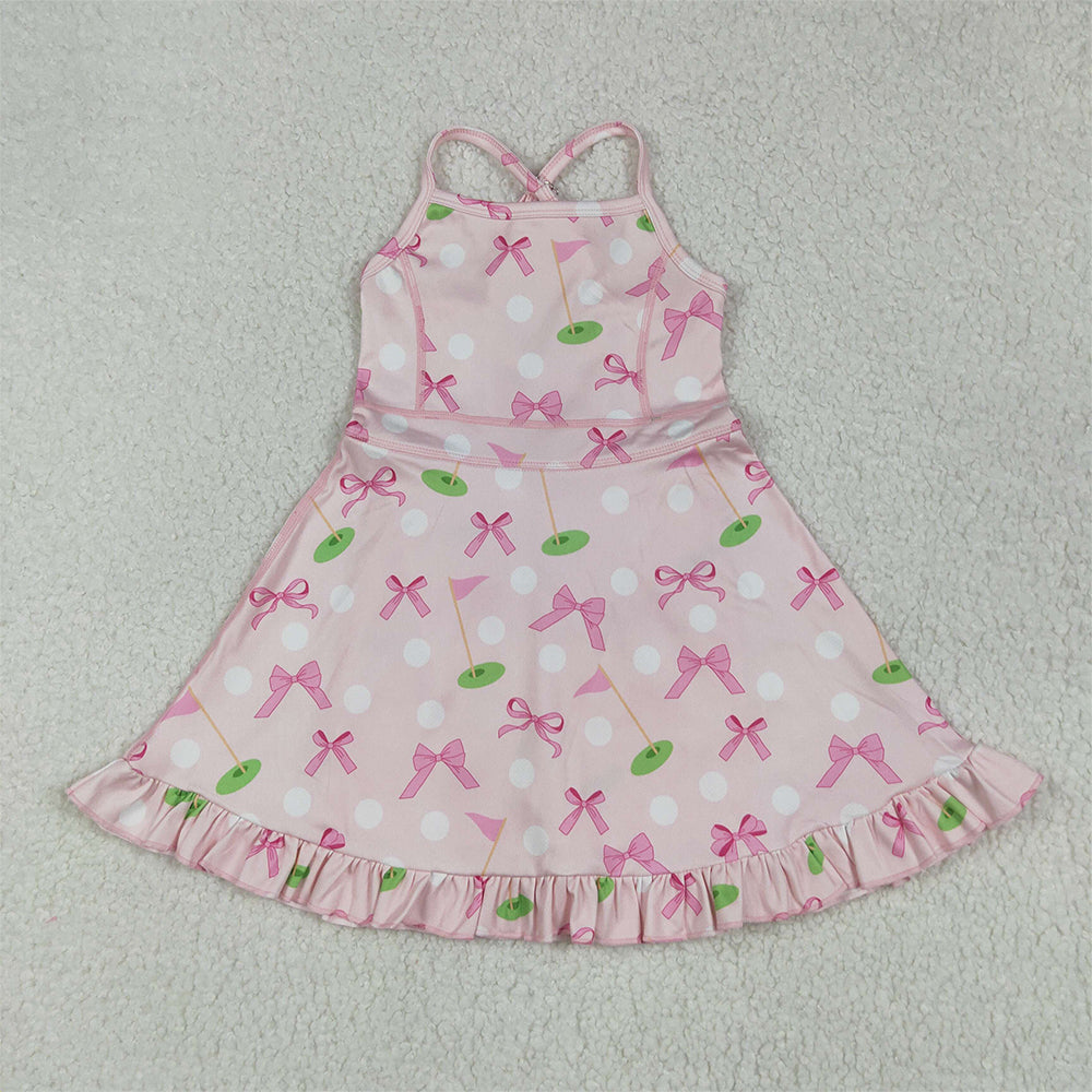 6.11 RTS NO MOQ Summer Baby Girls Dresses GSD2568 Strap Pink Bows Golf Flags Activity Wear Yoga Knee Length Dresses