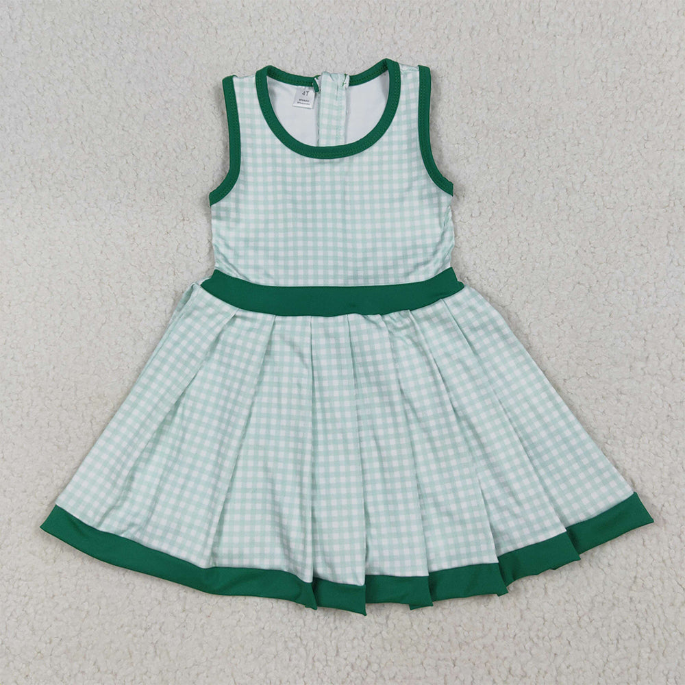 7.15 RTS NO MOQ Summer Baby Girls Dresses GSD2632 Green Plaid Sleeveless Ruffle Short Yoga Knee Length Dresses