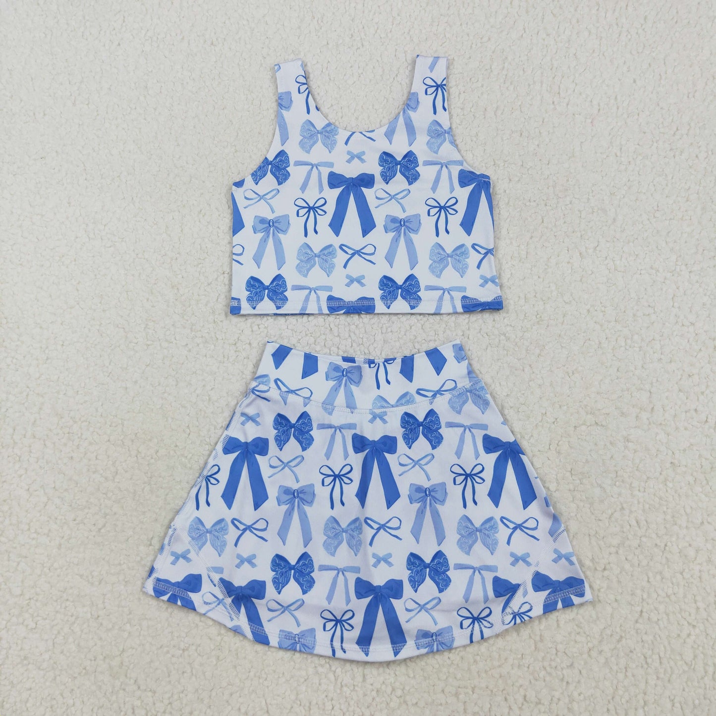 7.18 RTS NO MOQ Baby Girls Summer Kids Sets GSD2640 Sleeveless Blue Bows Vest Top Short Skirts Yoga Sets
