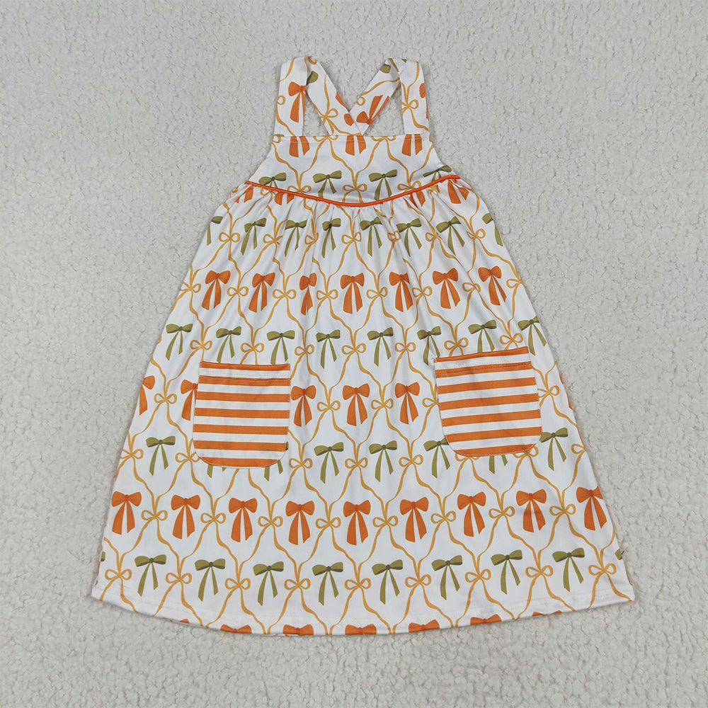 7.8 RTS NO MOQ Summer Baby Girls Dresses GSD2676 Straps Orange Bows Pockets Knee Length Dresses