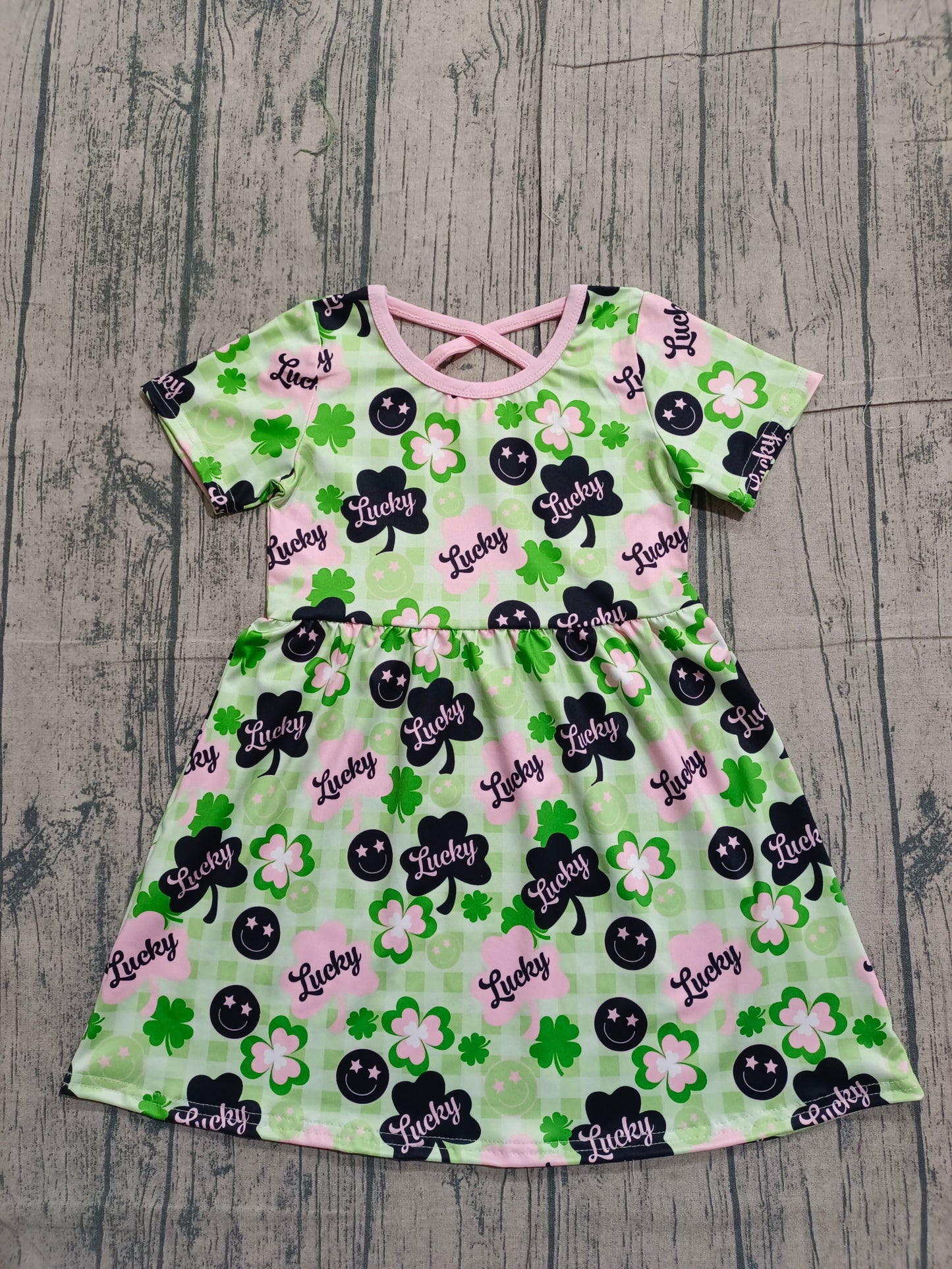 RTS Baby Girls Kids Short Sleeves Smile Plaid St. Patrick's Day Green Knee Length Dress