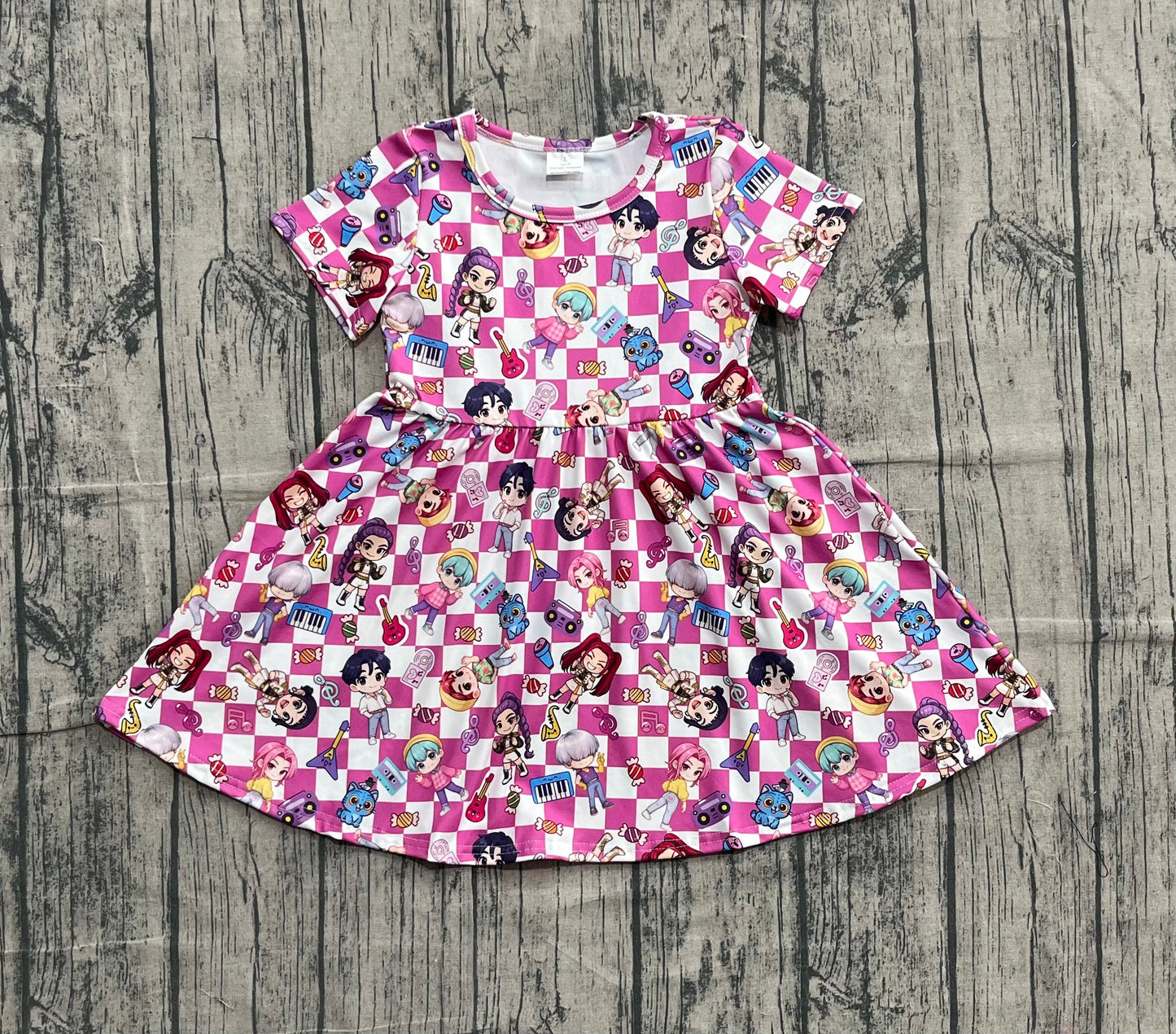 RTS Baby Girls Kids Short Sleeves Music Character Plaid Knee Length Dress