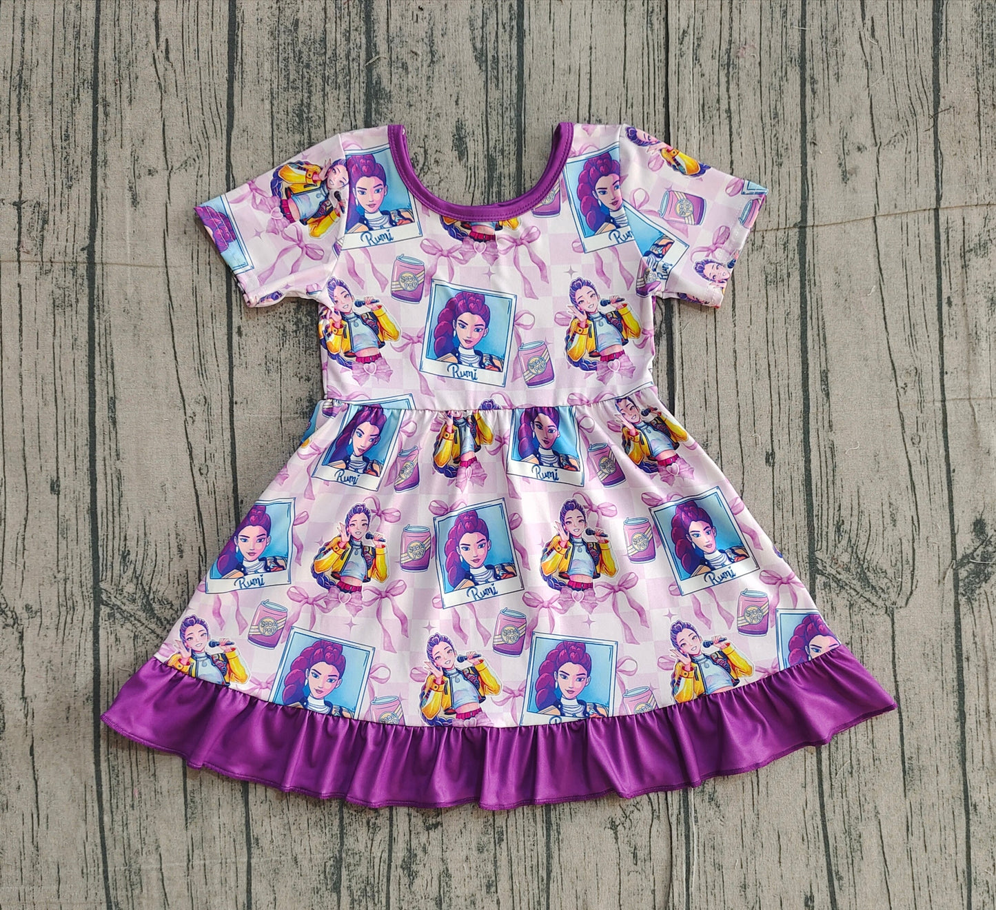 RTS Baby Girls Short Sleeves Singer Characters Purple Bows Ruffle Knee Length Dress