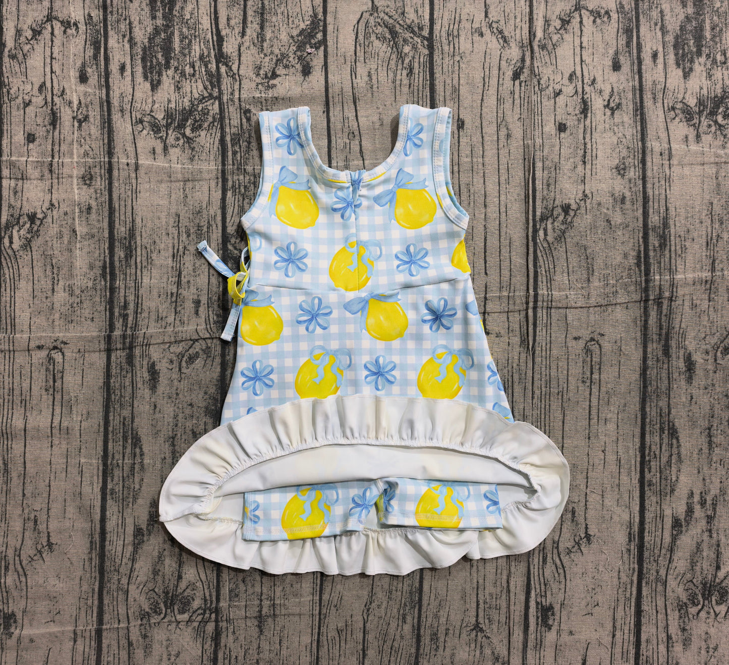 ( No moq ) Preorder Baby Girls Kids Sleeveless Lemons Bows Blue Plaid Yoga Active Shorts Knee Length Dress
