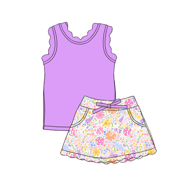 ( Moq 5 ) Preorder Baby Girls Kids Purple Tops Flower Pockets Scallop Skirt Shorts Yoga Clothes Summer Set