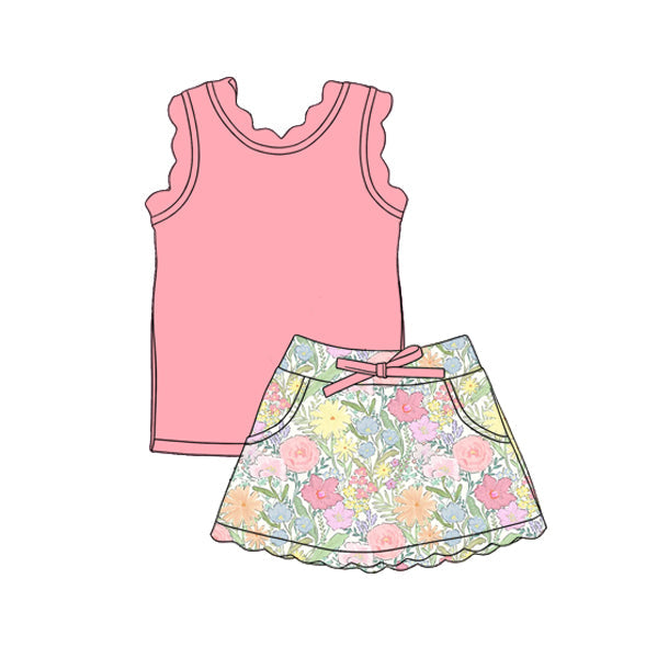 ( Moq 5 ) Preorder Baby Girls Kids Sleeveless Pink Tops Flower Pockets Scallop Skirt Shorts Yoga Clothes Set