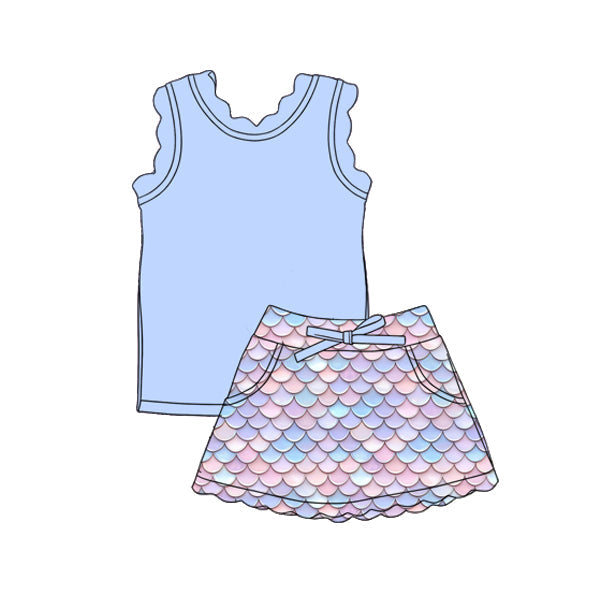 ( Moq 5 ) Preorder Baby Girls Kids Blue Tops Pockets Scallop Skirt Shorts Yoga Clothes Summer Set