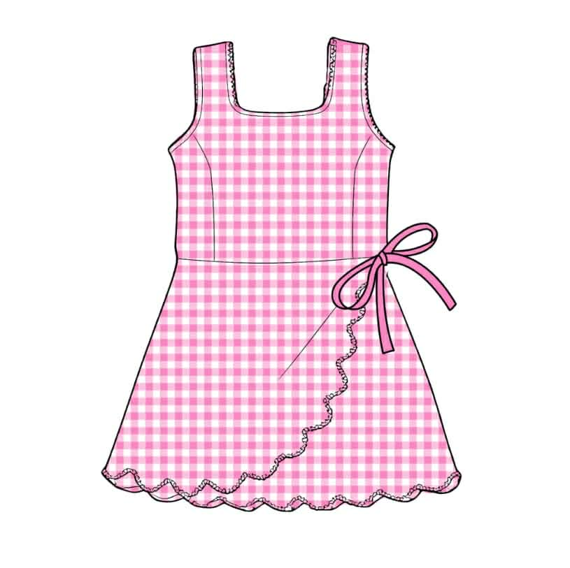 ( Moq 5 ) Preorder Baby Girls Kids Sleeveless Pink Plaid Scallop Yoga Knee Length Dress