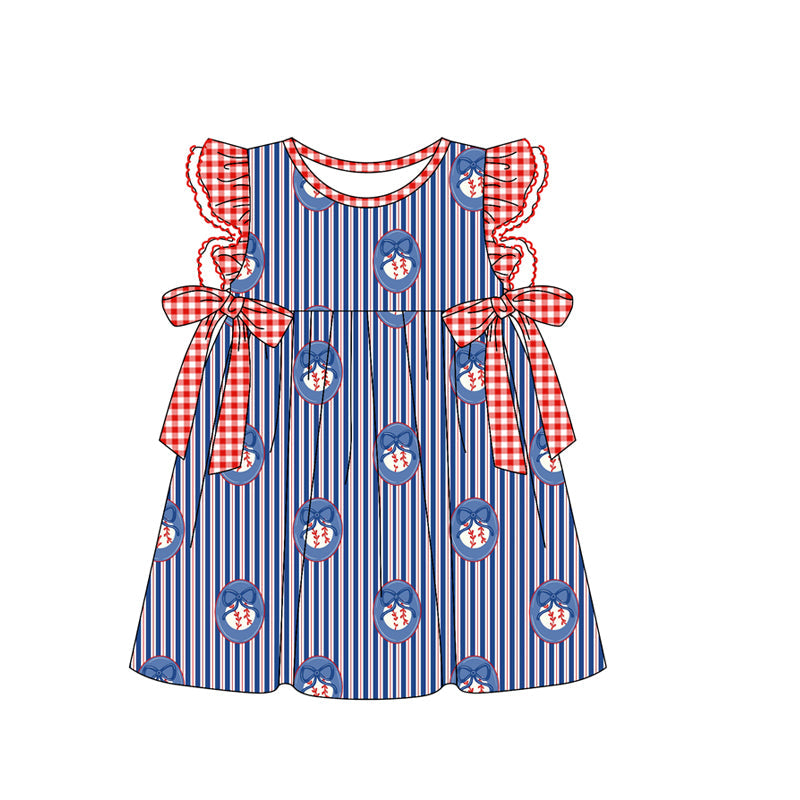 ( Moq 5 ) Preorder Baby Girls Kids Short Sleeves Baseball Bows Stripes Knee Length Dress