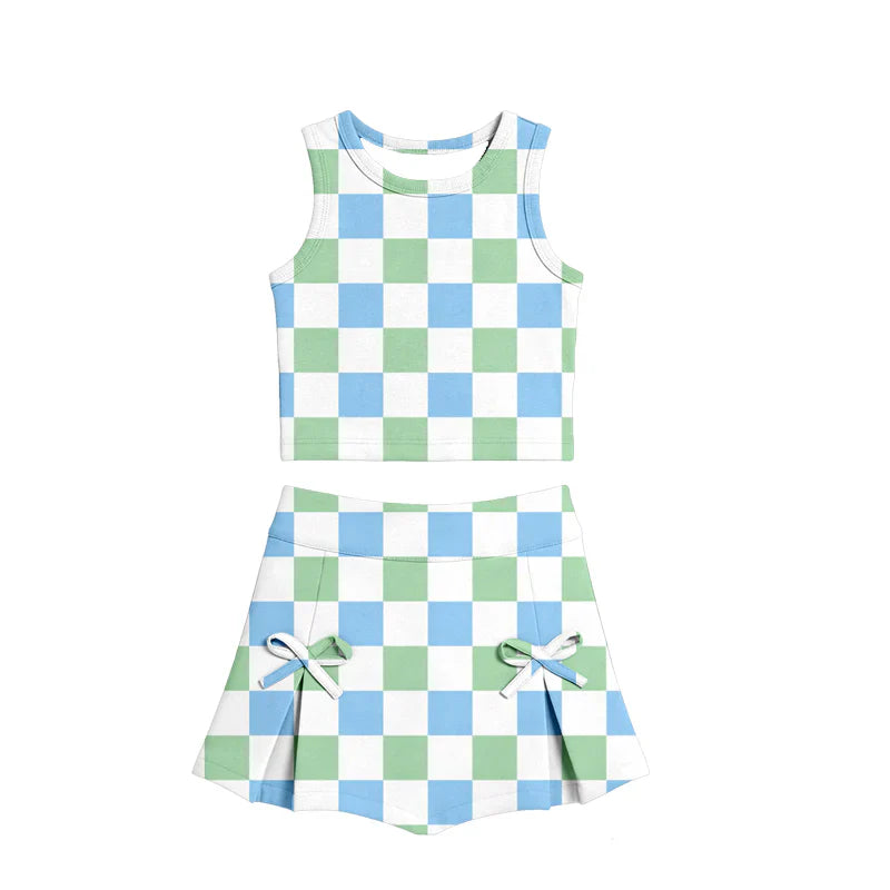 ( Moq 5 ) Preorder Baby Girls Kids Blue Green Checked Tops Bows Skirt Shorts Yoga Summer Set