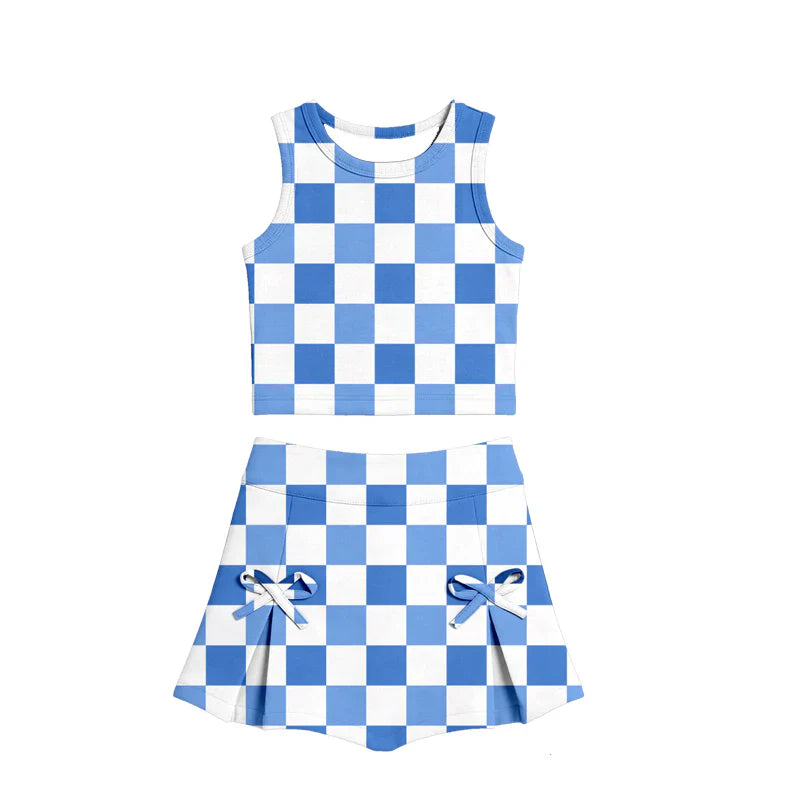 ( Moq 5 ) Preorder Baby Girls Kids Blue Checked Tops Bows Skirt Shorts Yoga Clothes Summer Set