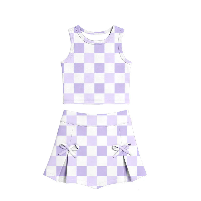 ( Moq 5 ) Preorder Baby Girls Kids Purple Checked Tops Bows Skirt Shorts Yoga Clothes Summer Set