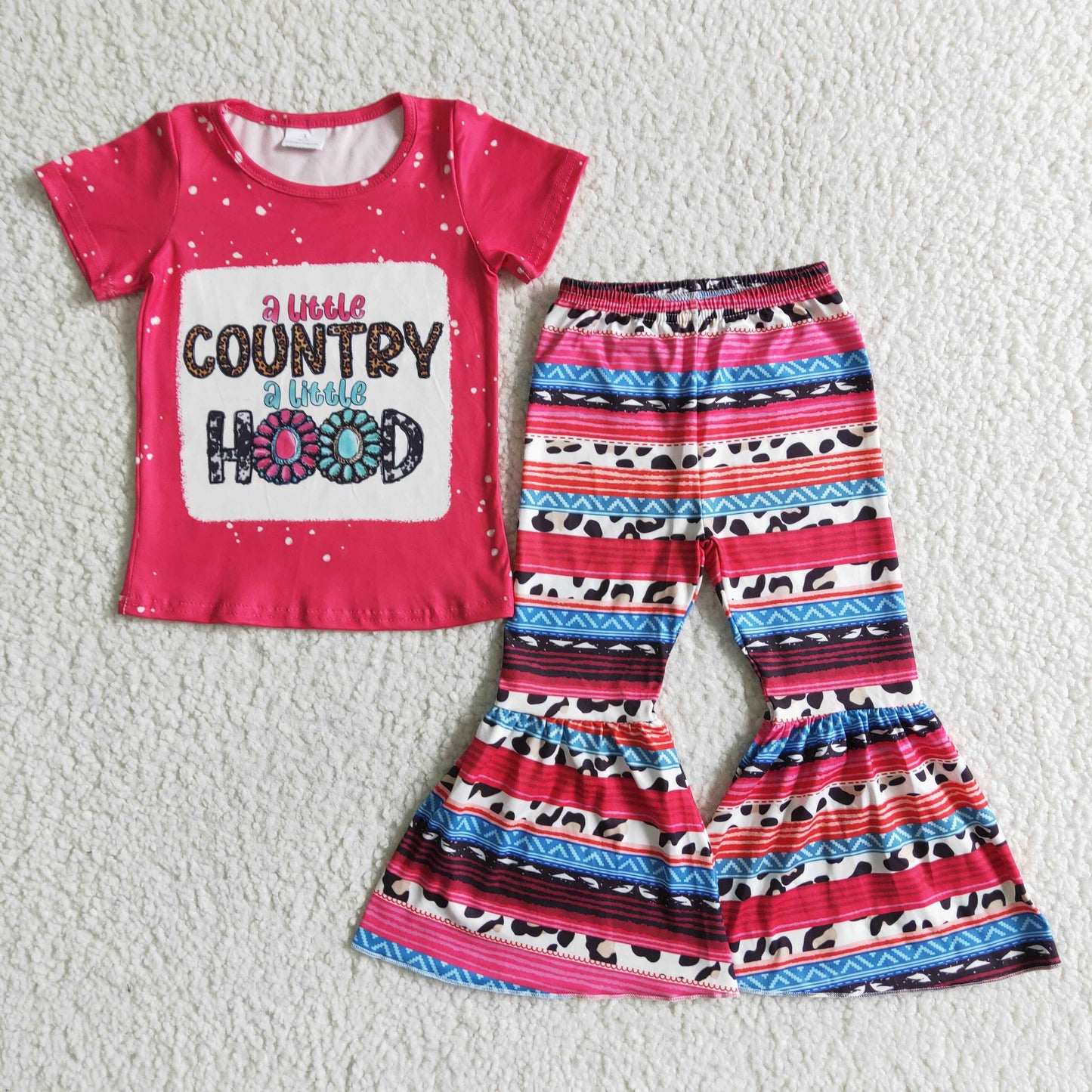 RTS NO MOQ Baby Girls Summer Sets GSPO0001 Western Country Hood Hotpink Bell Pants Clothing Sets