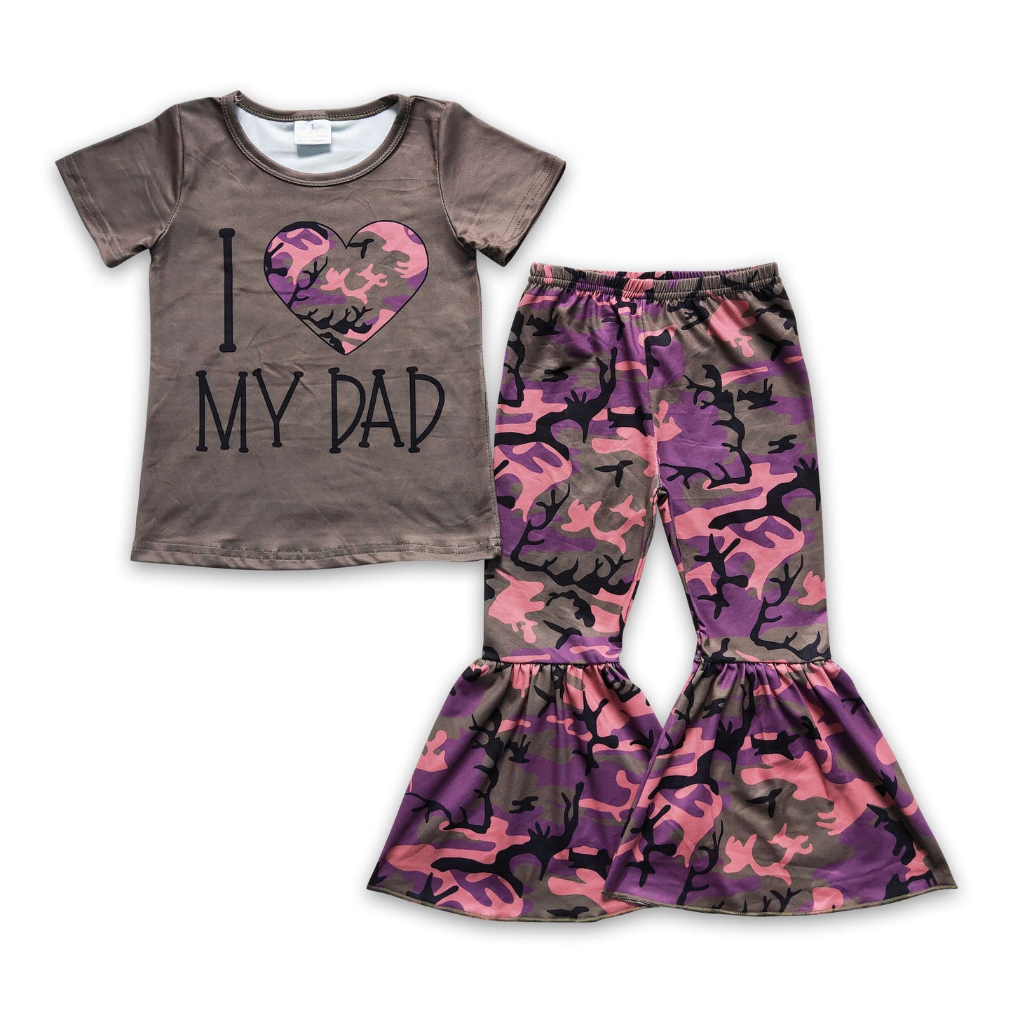 7.19 RTS NO MOQ Baby Girls Summer Sets GSPO0230 Camo I love Dad Bell Pants clothes sets