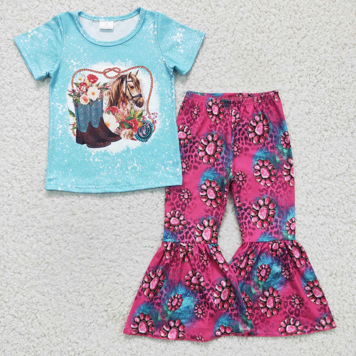 6.28 RTS NO MOQ Baby Girls Summer Sets GSPO0312 Horse Western Bell Pants sets