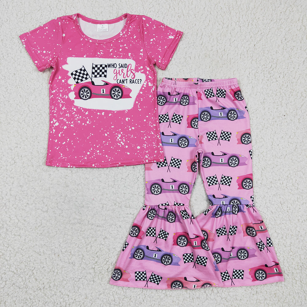 RTS NO MOQ Baby Girls Summer Sets GSPO0318 Pink Racing Car Bell Pants Sets